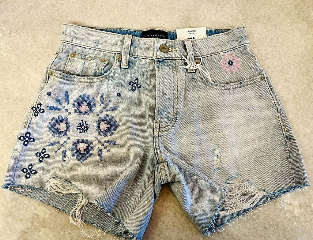 Embroidered Flowers on 90s Style Midi Short by. Lucky Brand