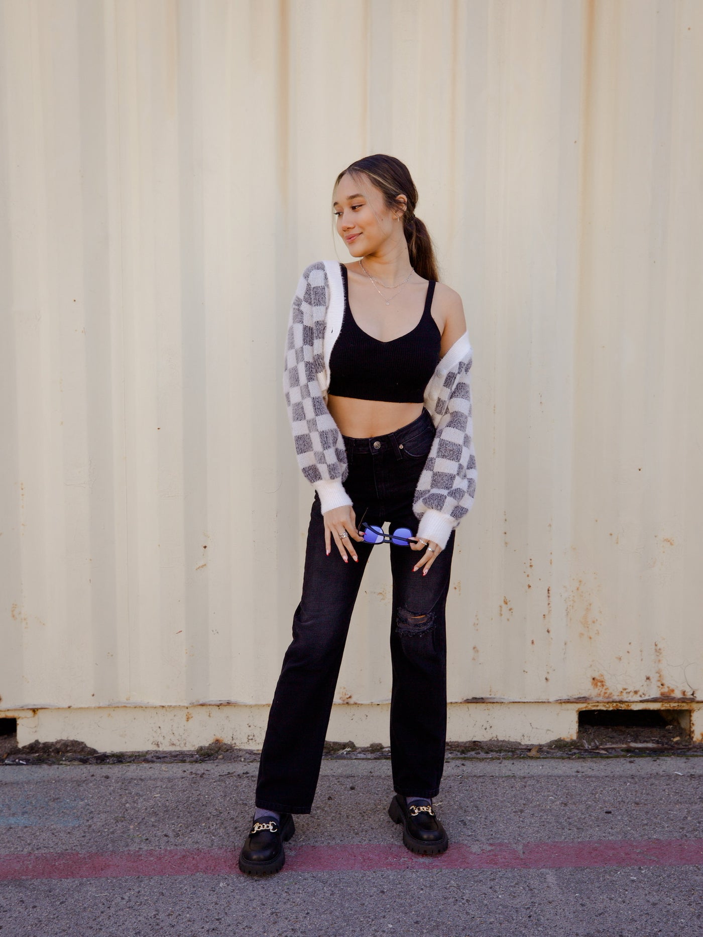 Cropped and Fuzzy Checkered Cardigan with Ballon Sleeve