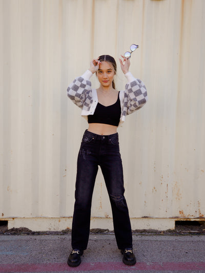 Cropped and Fuzzy Checkered Cardigan with Ballon Sleeve