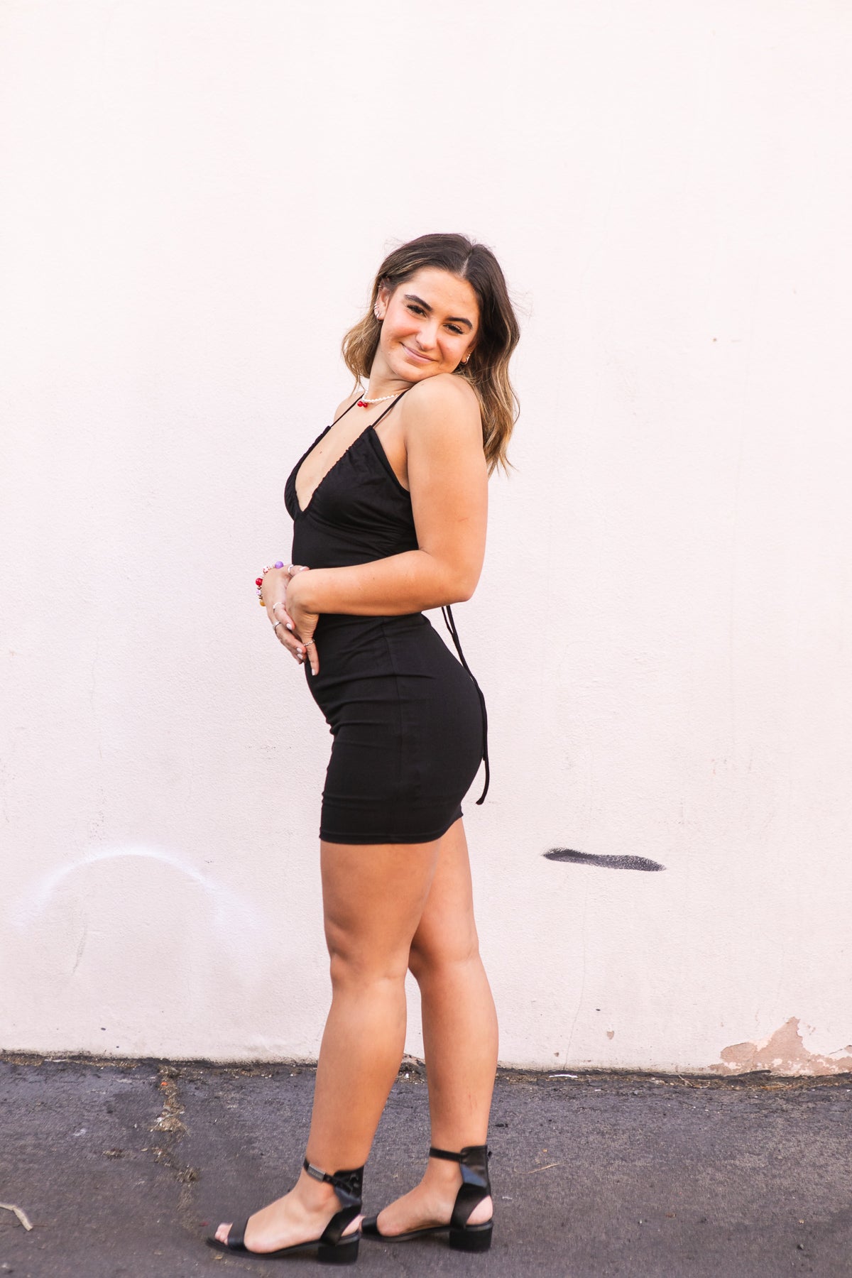 Black V Neck Knit Dress with Cut Outs