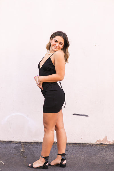Black V Neck Knit Dress with Cut Outs