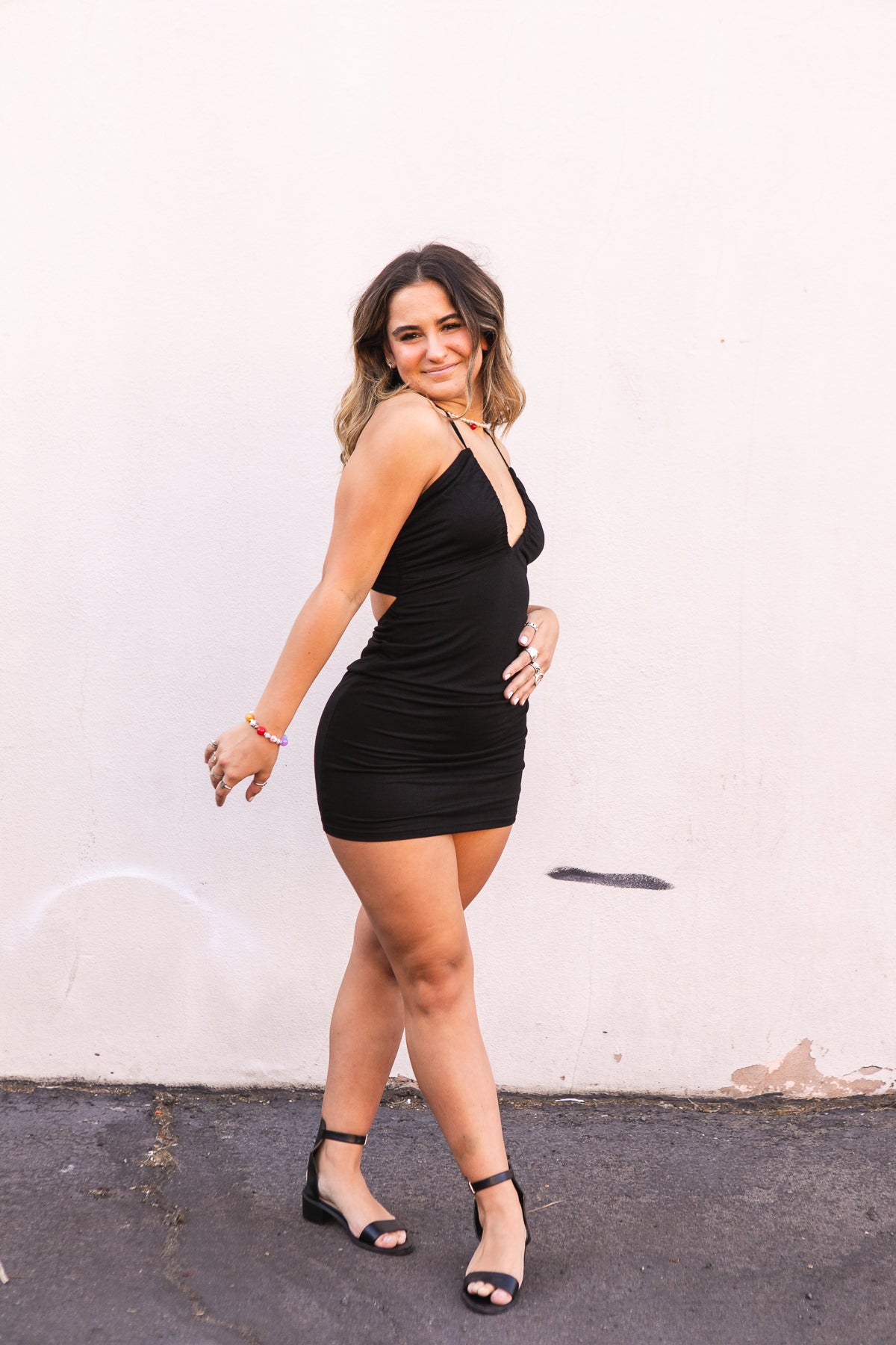Black V Neck Knit Dress with Cut Outs