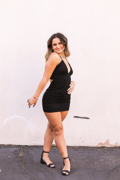 Black V Neck Knit Dress with Cut Outs