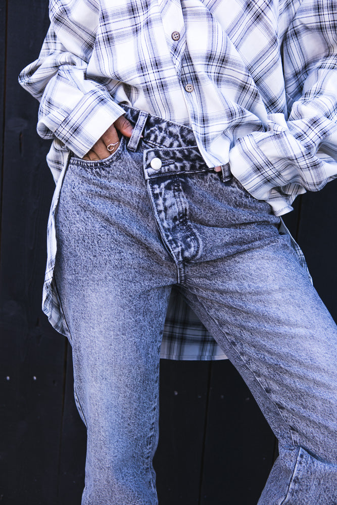 Washed Grey Asymetrical Button Denim