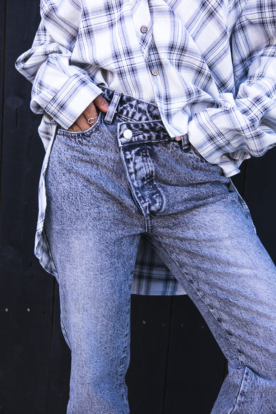 Washed Grey Asymetrical Button Denim
